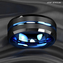 Load image into Gallery viewer, Men&#39;s Wedding Band - Blue Line Black Brushed Ring for Men and Women
