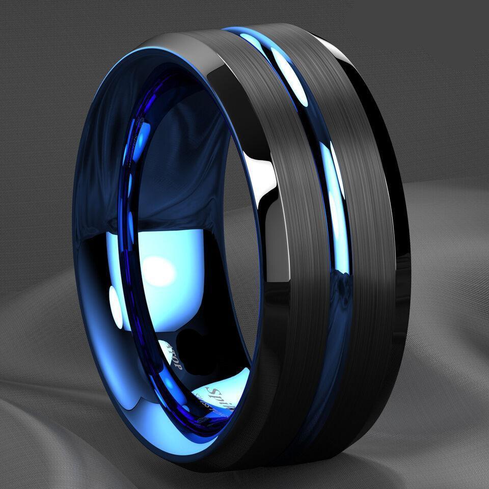 Blue Line Black Brushed Wedding Band Ring - Unisex Wedding Rings - Jewelry Store by Erik Rayo