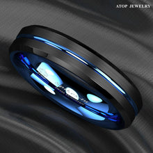 Load image into Gallery viewer, Men&#39;s Wedding Band 6mm Blue Line Black Brushed Ring for Men and Women
