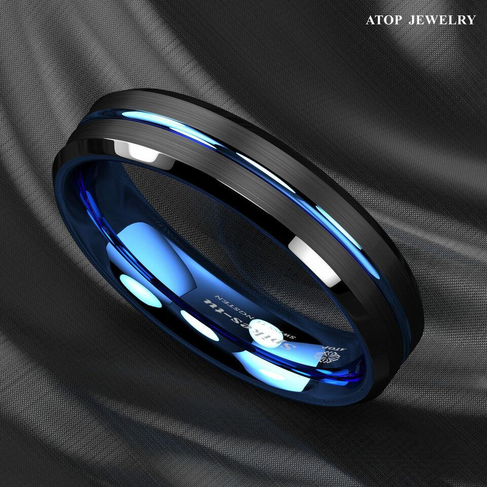 6mm Blue Line Black Brushed Wedding Band Ring for Men and Women
