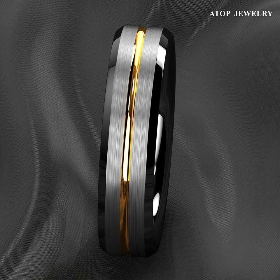 Mens Wedding Band 6mm Silver Brushed Black Edge Gold Line - Unisex Wedding Rings - Jewelry Store by Erik Rayo