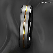 Load image into Gallery viewer, Mens Wedding Band 6mm Silver Brushed Black Edge Gold Line - Rings for Men and Women
