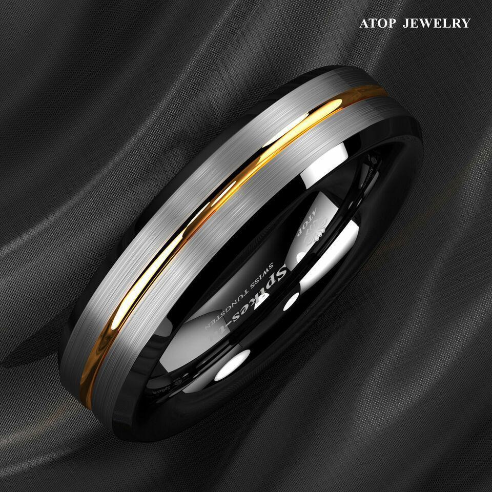 Mens Wedding Band 6mm Silver Brushed Black Edge Gold Line - Unisex Wedding Rings - Jewelry Store by Erik Rayo