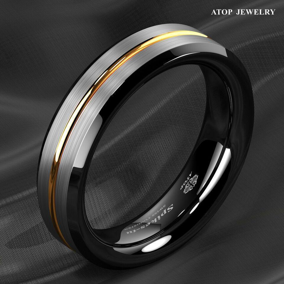 Mens Wedding Band 6mm Silver Brushed Black Edge Gold Line - Unisex Wedding Rings - Jewelry Store by Erik Rayo