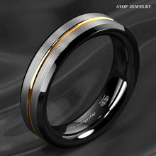 Load image into Gallery viewer, Mens Wedding Band 6mm Silver Brushed Black Edge Gold Line - Rings for Men and Women
