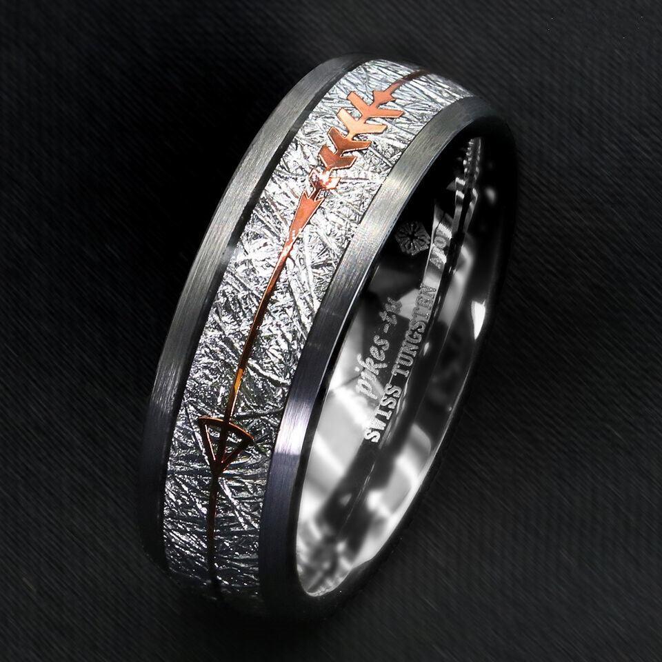 8mm Silver Meteorite Wedding Band with Rose Gold Arrow - Unisex Wedding Rings