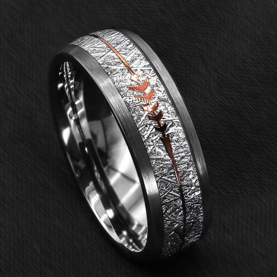 8mm Silver Meteorite Wedding Band with Rose Gold Arrow - Unisex Wedding Rings