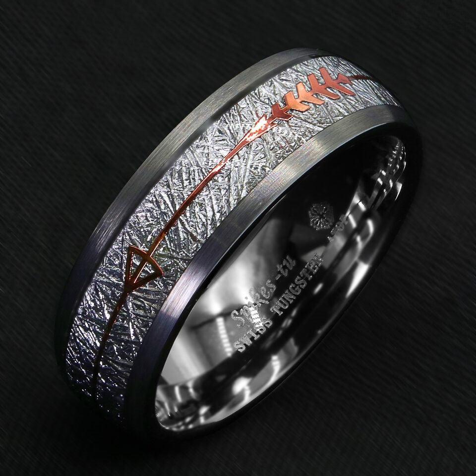 8mm Silver Meteorite Wedding Band with Rose Gold Arrow - Unisex Wedding Rings