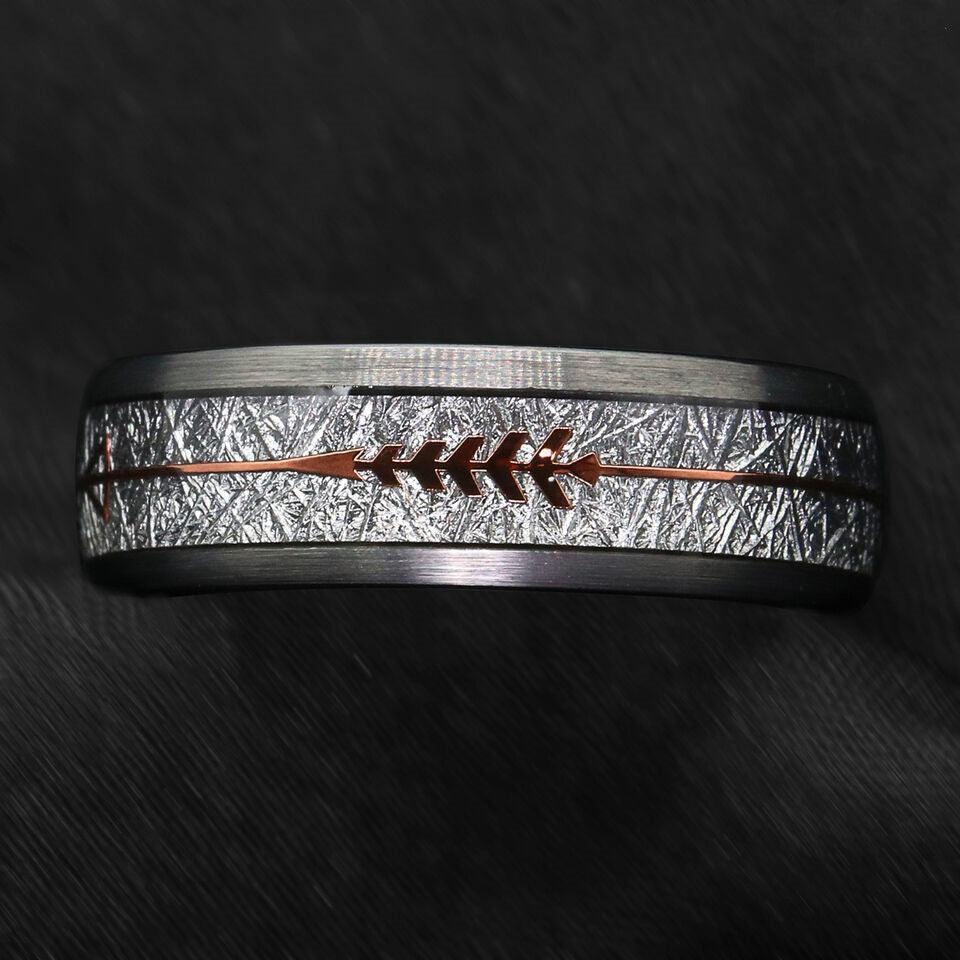 8mm Silver Meteorite Wedding Band with Rose Gold Arrow - Unisex Wedding Rings