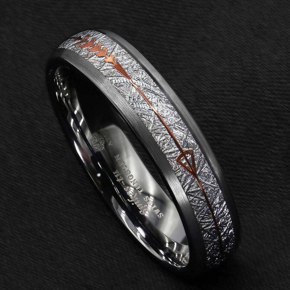 6mm Silver Wedding Band with Rose Gold Arrow and Meteorite for Men and Women - Jewelry Store by Erik Rayo