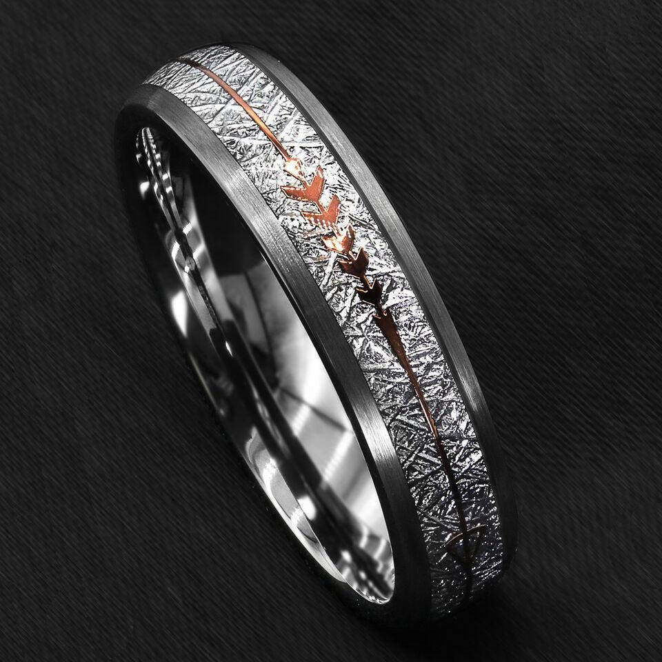 6mm Silver Wedding Band with Rose Gold Arrow and Meteorite for Men and Women - Jewelry Store by Erik Rayo