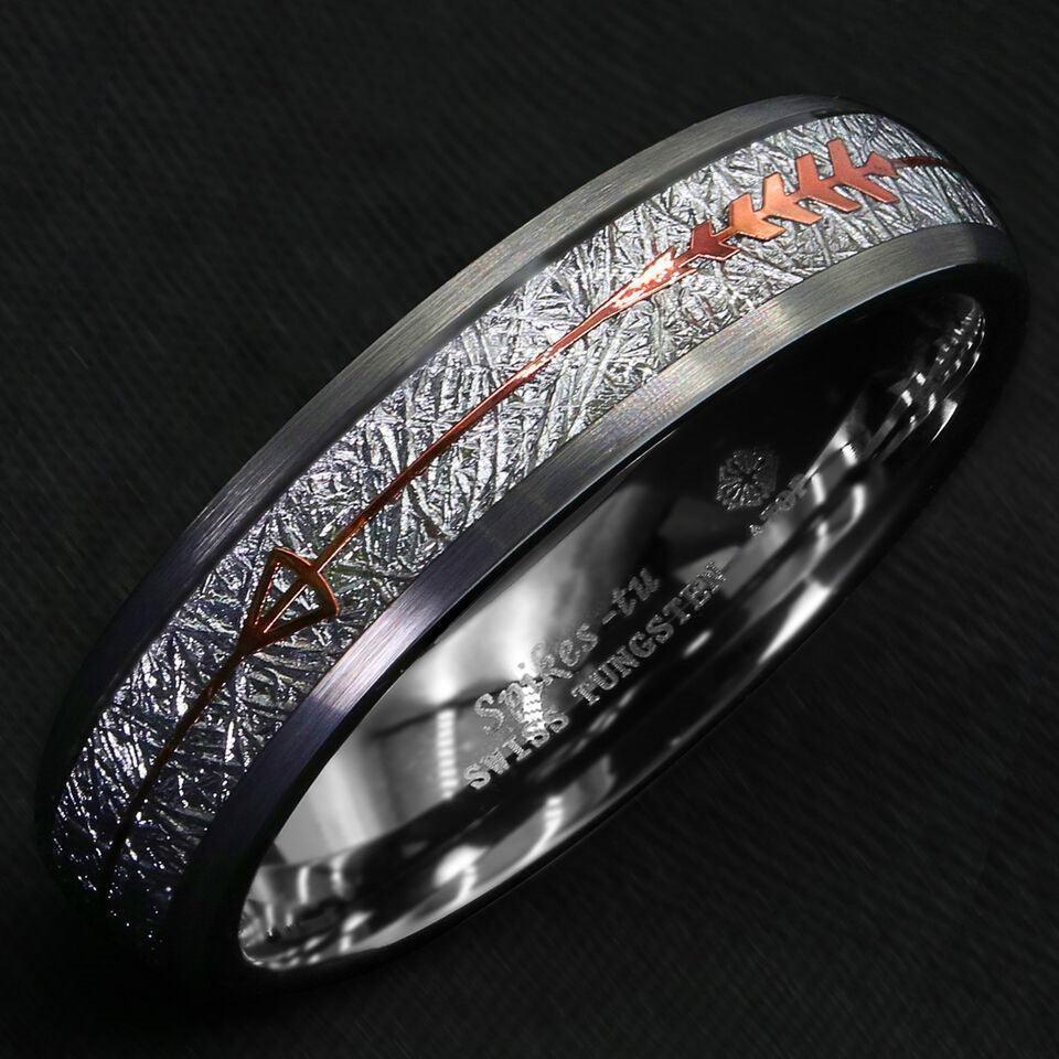 6mm Silver Wedding Band with Rose Gold Arrow and Meteorite for Men and Women - Jewelry Store by Erik Rayo