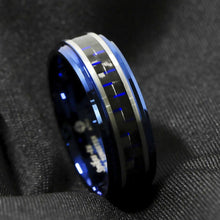 Load image into Gallery viewer, Men&#39;s Wedding Band Rings - Black and Blue Carbon Fiber - Wedding Rings for Men and Women
