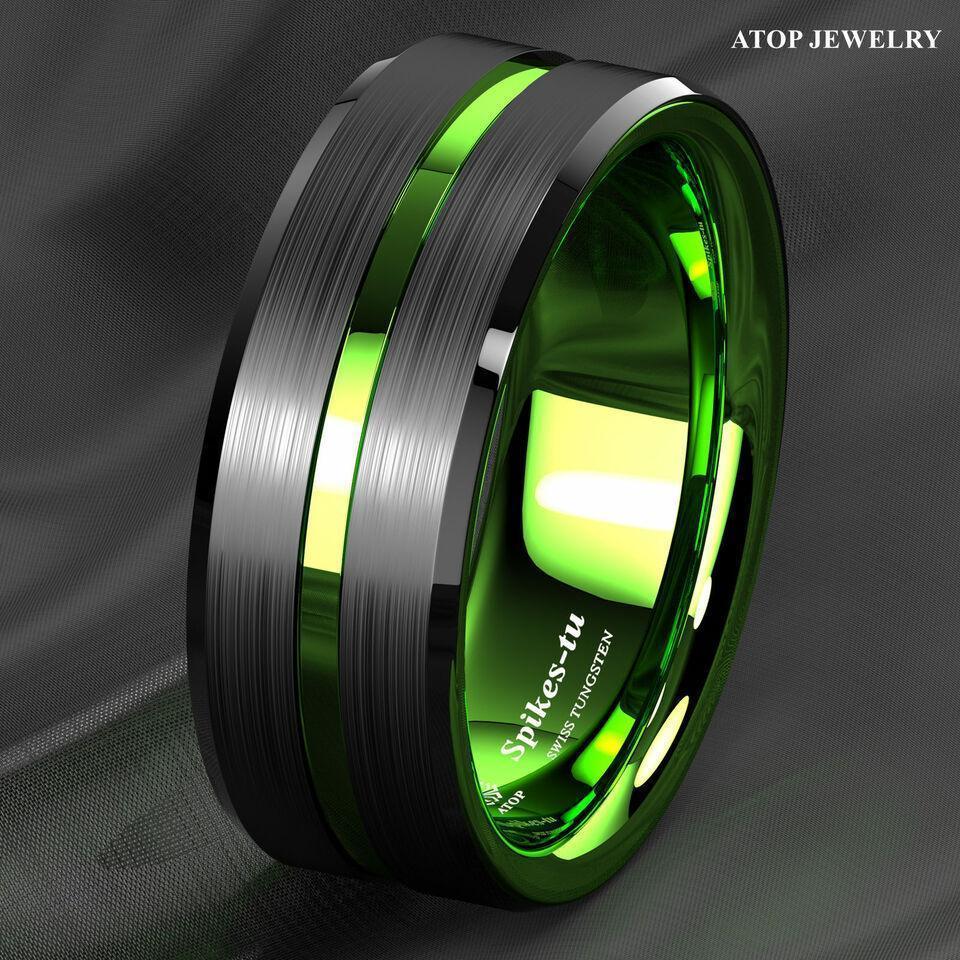 Black Green Line Wedding Band Ring - Wedding Rings for Men and Women - Jewelry Store by Erik Rayo