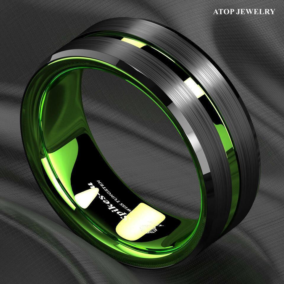 Black Green Line Wedding Band Ring - Wedding Rings for Men and Women - Jewelry Store by Erik Rayo