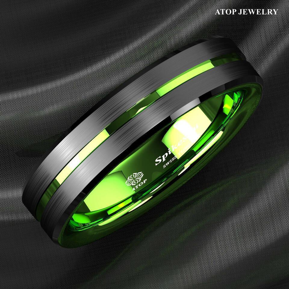 Men's Wedding Band 6mm Black Green Line Ring for Men and Women - Jewelry Store by Erik Rayo