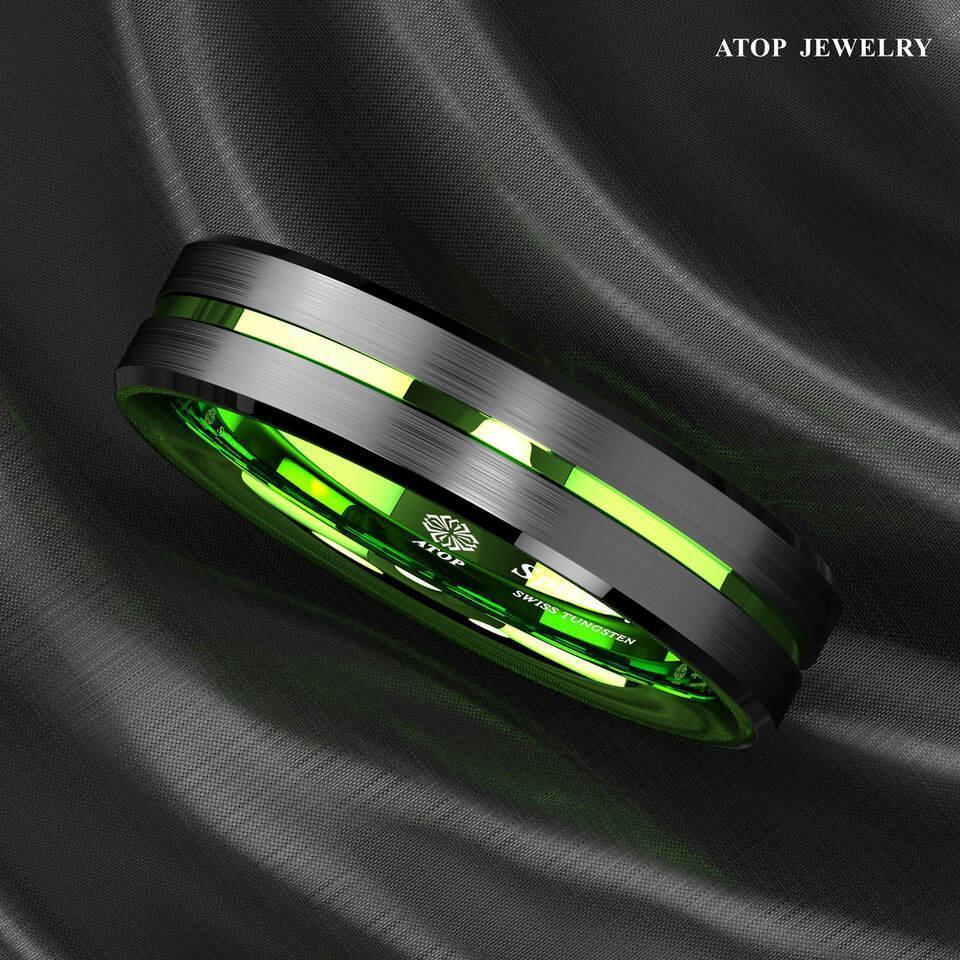 Men's Wedding Band 6mm Black Green Line Ring for Men and Women - Jewelry Store by Erik Rayo