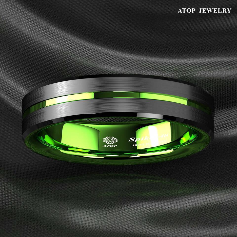 Men's Wedding Band 6mm Black Green Line Ring for Men and Women - Jewelry Store by Erik Rayo