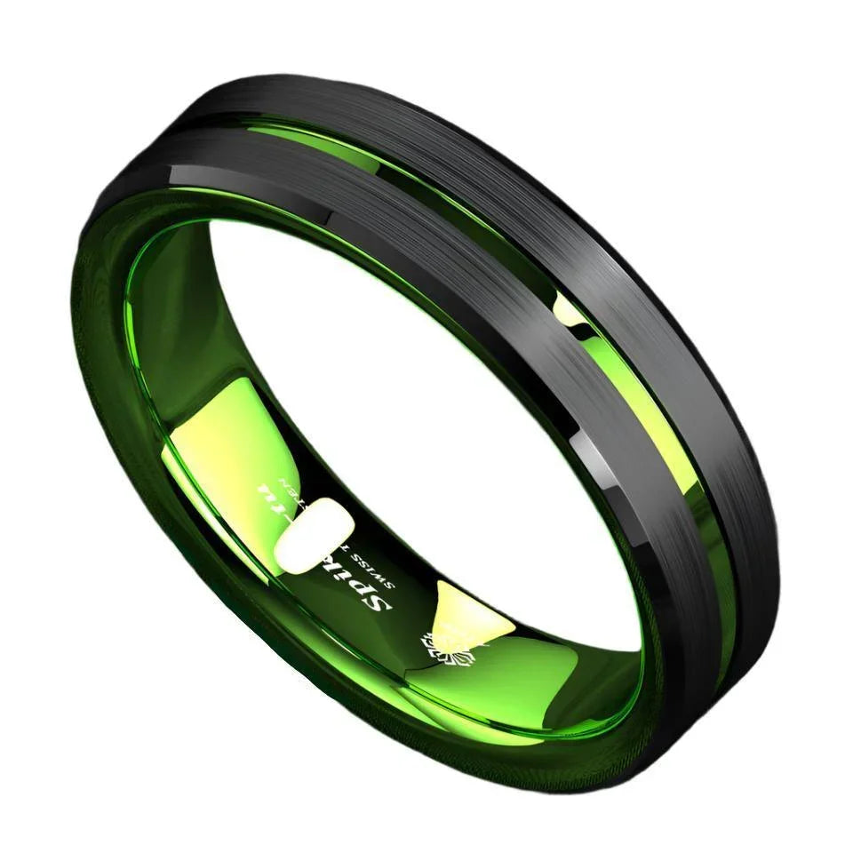 Men's Wedding Band 6mm Black Green Line Ring for Men and Women - Jewelry Store by Erik Rayo