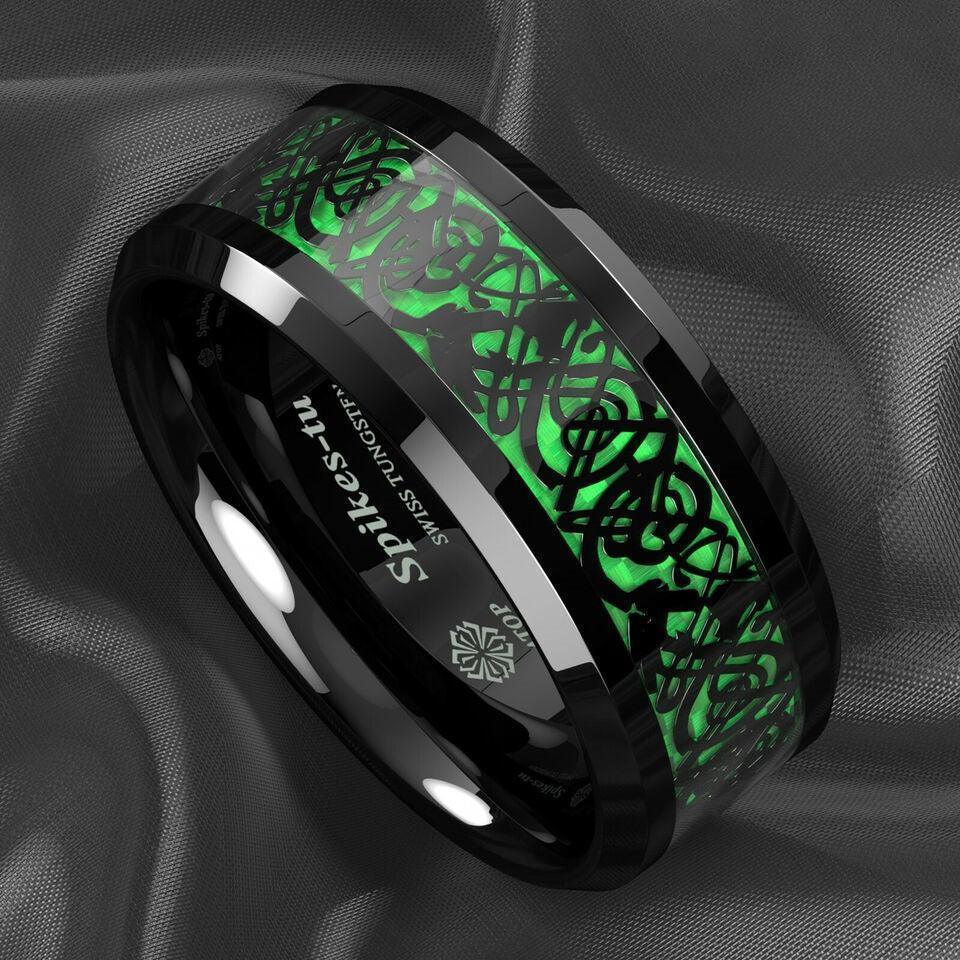 Black Celtic Dragon Carbon Fiber Green Wedding Band for Men and Women - Jewelry Store by Erik Rayo