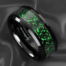 Load image into Gallery viewer, Men&#39;s Wedding Band - Black Celtic Dragon Carbon Fiber Green Ring - Wedding Rings for Men and Women
