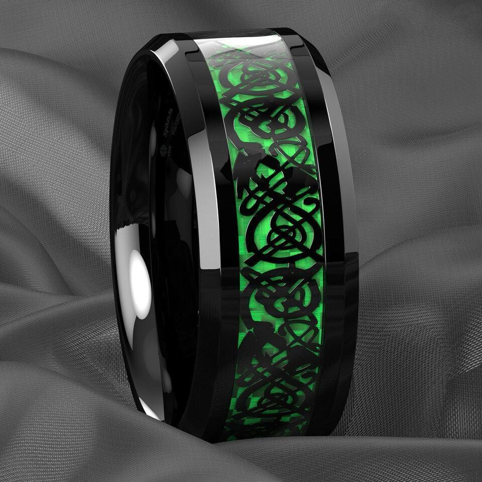 Black Celtic Dragon Carbon Fiber Green Wedding Band for Men and Women - Jewelry Store by Erik Rayo