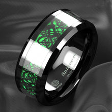 Load image into Gallery viewer, Men&#39;s Wedding Band - Black Celtic Dragon Carbon Fiber Green Ring - Wedding Rings for Men and Women
