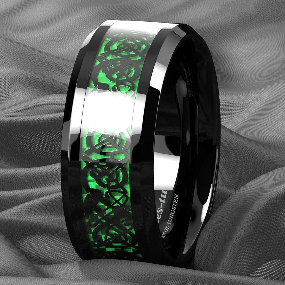 Black Celtic Dragon Carbon Fiber Green Wedding Band for Men and Women - Jewelry Store by Erik Rayo