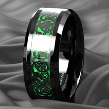 Load image into Gallery viewer, Men&#39;s Wedding Band - Black Celtic Dragon Carbon Fiber Green Ring - Wedding Rings for Men and Women
