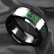 Load image into Gallery viewer, Men&#39;s Wedding Band - Black Celtic Dragon Carbon Fiber Green Ring - Wedding Rings for Men and Women
