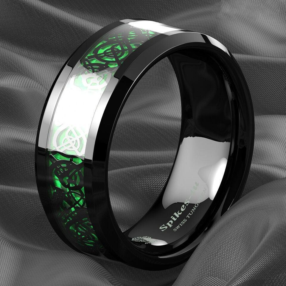 Black Celtic Dragon Carbon Fiber Green Wedding Band for Men and Women - Jewelry Store by Erik Rayo