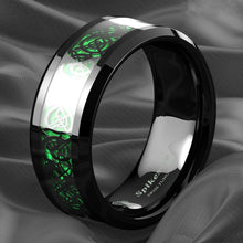 Load image into Gallery viewer, Men&#39;s Wedding Band - Black Celtic Dragon Carbon Fiber Green Ring - Wedding Rings for Men and Women
