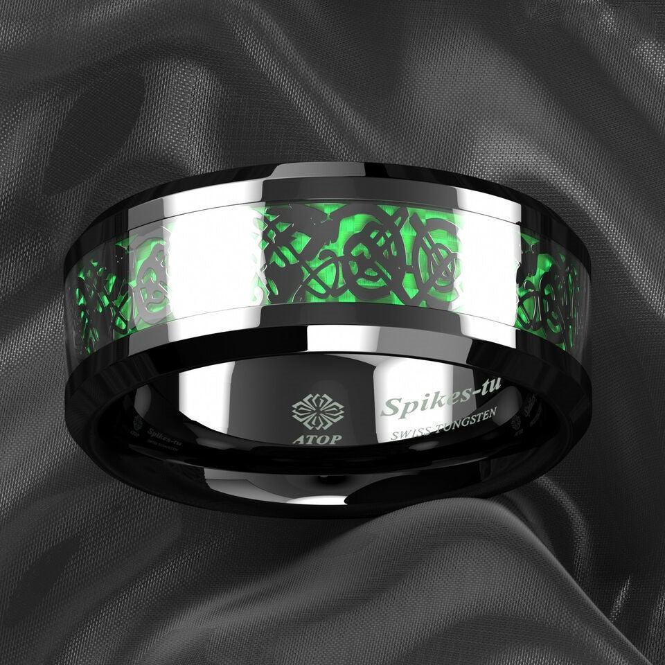 Black Celtic Dragon Carbon Fiber Green Wedding Band for Men and Women - Jewelry Store by Erik Rayo