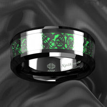 Load image into Gallery viewer, Men&#39;s Wedding Band - Black Celtic Dragon Carbon Fiber Green Ring - Wedding Rings for Men and Women
