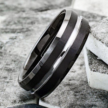 Load image into Gallery viewer, Men&#39;s Wedding Band Rings - Black Silver Line - Wedding Rings for Men and Women
