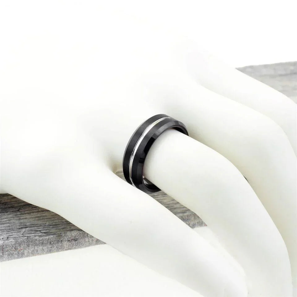 Men's Wedding Band Rings - Black Silver Line - Wedding Rings for Men and Women - Jewelry Store by Erik Rayo