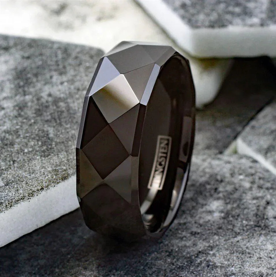 Men's Black Multi-Faceted Wedding Band Ring - Durable and Stylish for Men and Women - Jewelry Store by Erik Rayo