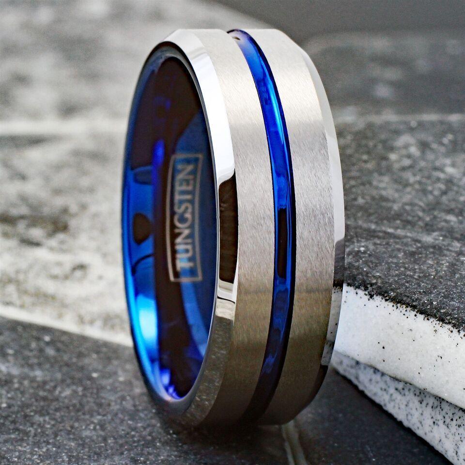 Men's Wedding Band Rings | Silver Blue Line Wedding Rings for Men and Women - Jewelry Store by Erik Rayo