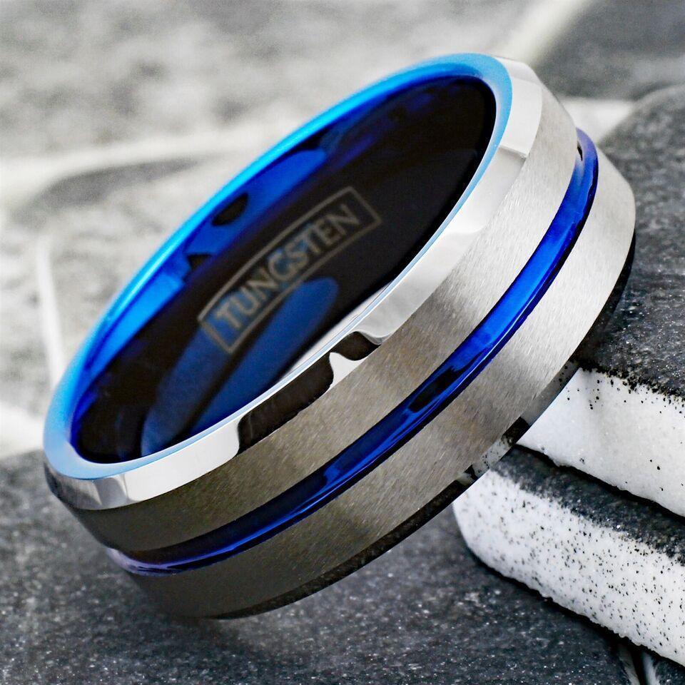Men's Wedding Band 6mm Silver Blue Line - Unisex Wedding Rings - Jewelry Store by Erik Rayo