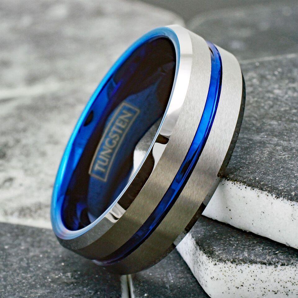 Men's Wedding Band 6mm Silver Blue Line - Unisex Wedding Rings - Jewelry Store by Erik Rayo