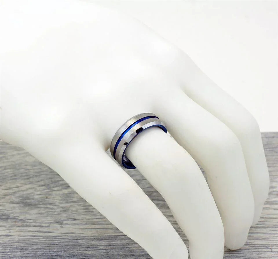 Men's Wedding Band 6mm Silver Blue Line - Unisex Wedding Rings - Jewelry Store by Erik Rayo