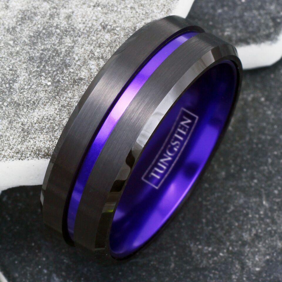 6mm Black Purple Stripe Wedding Band Ring for Men and Women - Jewelry Store by Erik Rayo