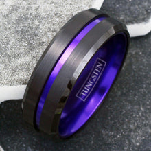 Load image into Gallery viewer, 6mm Black Purple Stripe Men&#39;s Wedding Band Ring - Perfect for Weddings and Special Occasions
