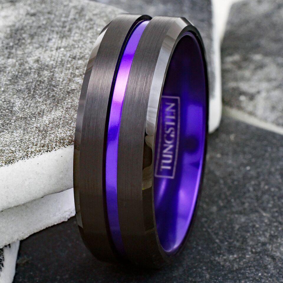 6mm Black Purple Stripe Wedding Band Ring for Men and Women - Jewelry Store by Erik Rayo