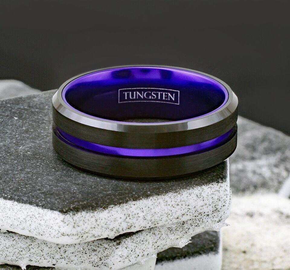 6mm Black Purple Stripe Wedding Band Ring for Men and Women - Jewelry Store by Erik Rayo