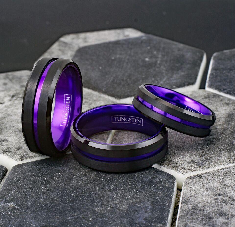 6mm Black Purple Stripe Wedding Band Ring for Men and Women - Jewelry Store by Erik Rayo