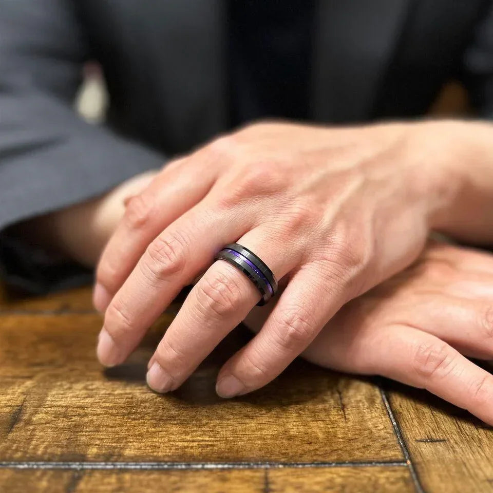 6mm Black Purple Stripe Wedding Band Ring for Men and Women - Jewelry Store by Erik Rayo