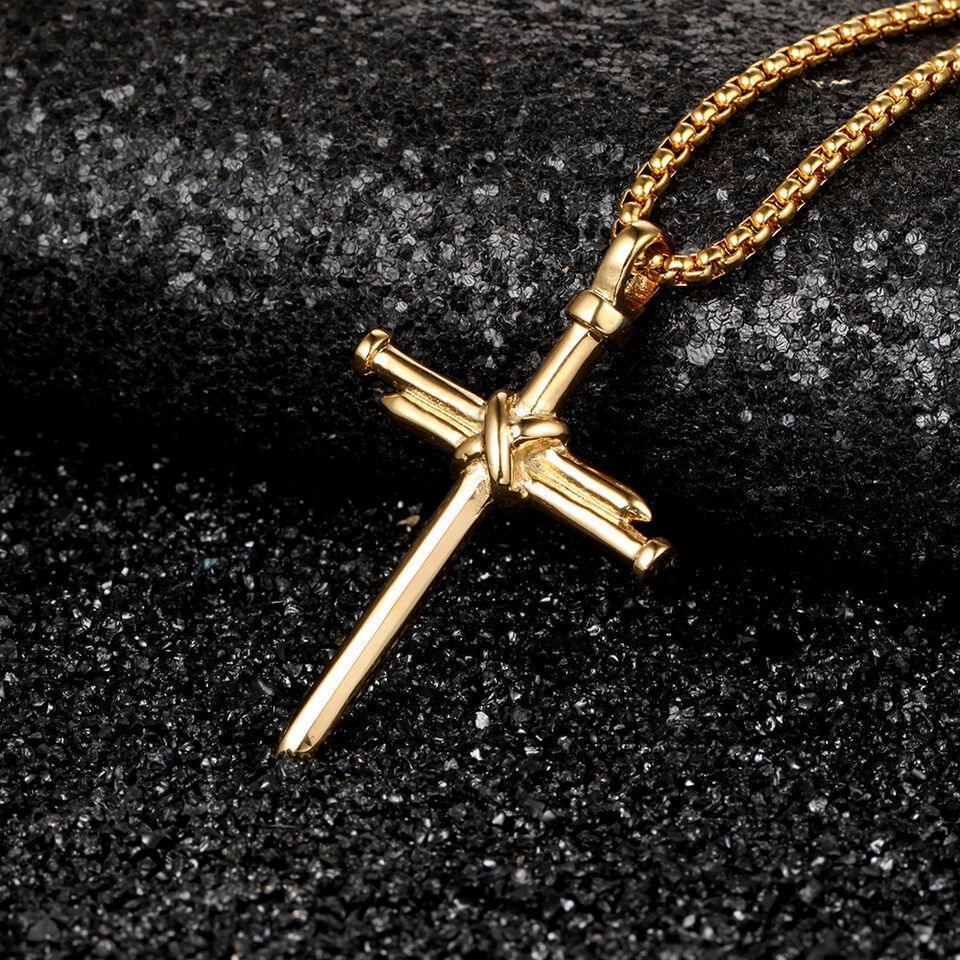 Cross Necklace for Men Nail Gold Pendant Necklace Chain 24 inch Stainless Steel