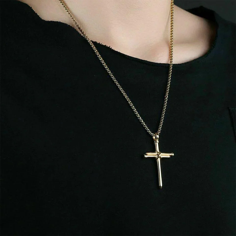 Cross Necklace for Men Nail Gold Pendant Necklace Chain 24 inch Stainless Steel