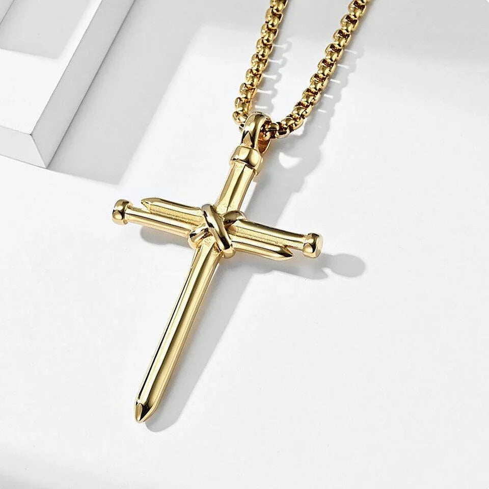 Cross Necklace for Men Nail Gold Pendant Necklace Chain 24 inch Stainless Steel